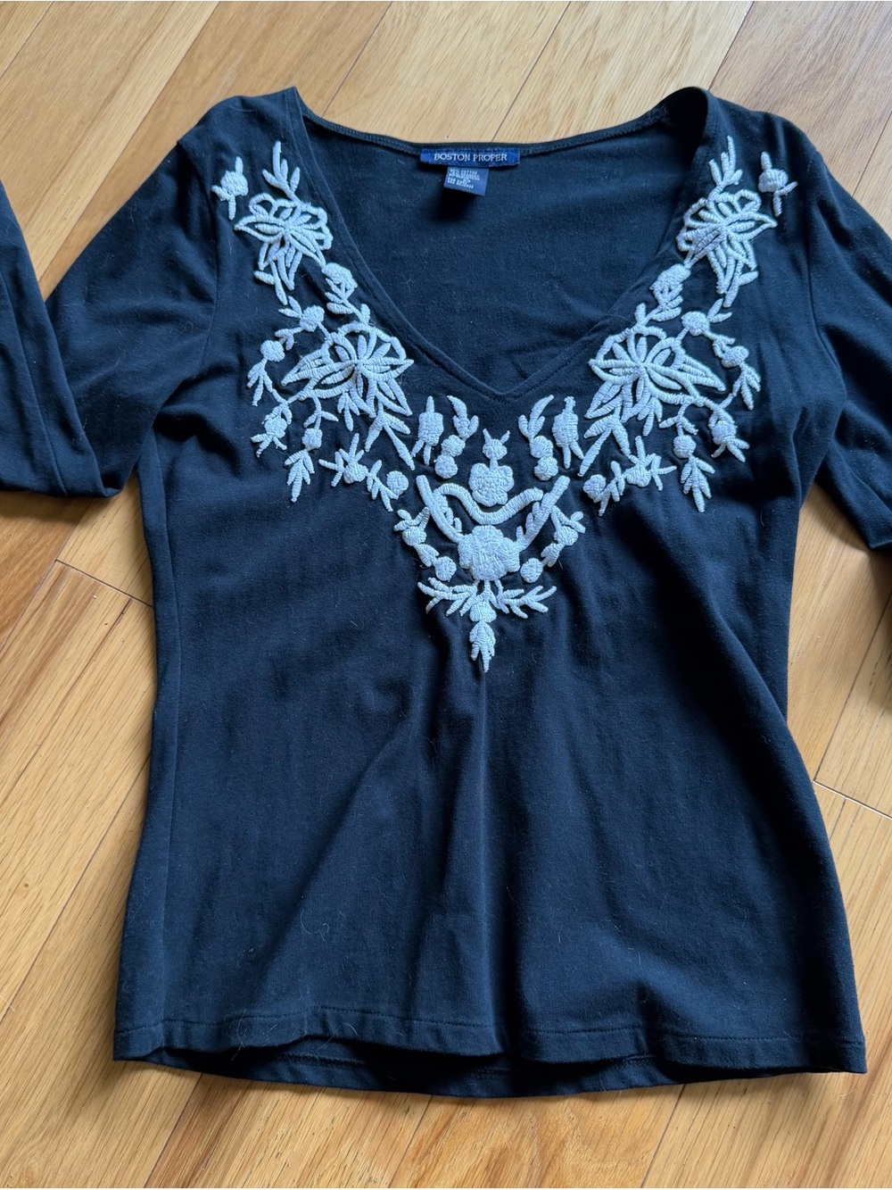 Boston Proper Black Short-Sleeve V-Neck Top with white Floral Embroidery